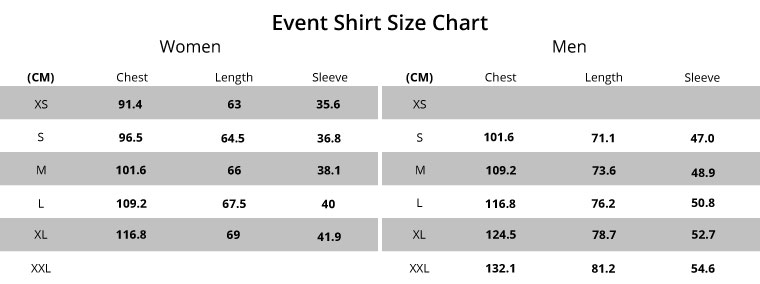Event Shirt Size charts